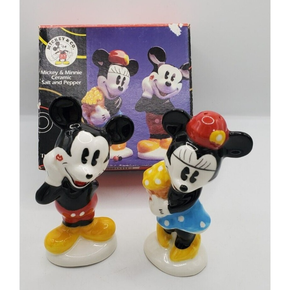 Vintage Disney Mickey & Minnie Ceramic Salt Pepper Shaker W Box (A-1)